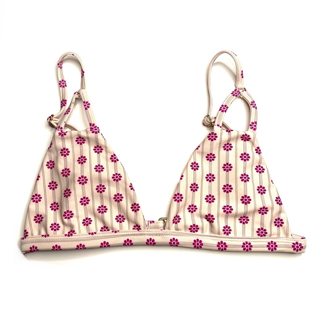 Tori Praver Swimwear Striped Floral Bikini Top Cutout Detail Neutral Purple Swim